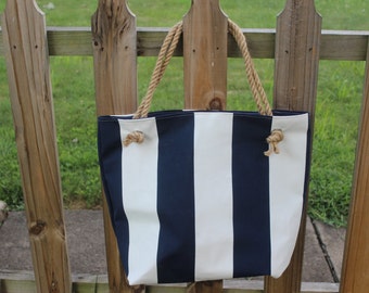 Navy blue and white striped nautical tote/beach bag