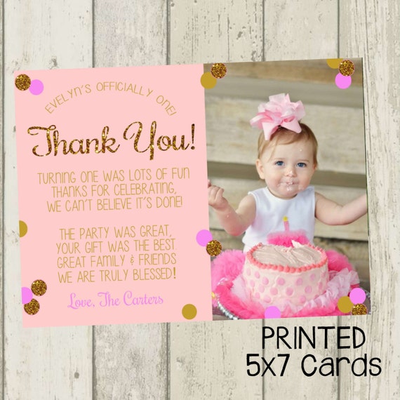 First Birthday Thank You Card Pink & Gold Glitter Thank You