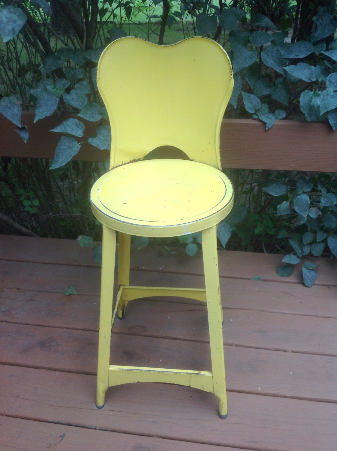 Yellow metal chair, vintage Cottage Chic furniture, plant stand, yellow