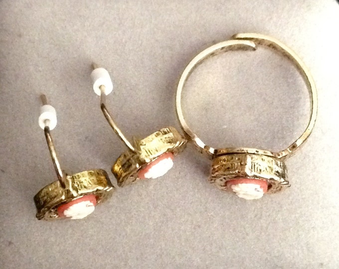 Storewide 25% Off SALE Vintage Gold Tone Rose Designer Pierced Cameo Earrings With Matching Adjustable Cocktail Ring Featuring Petite Profil