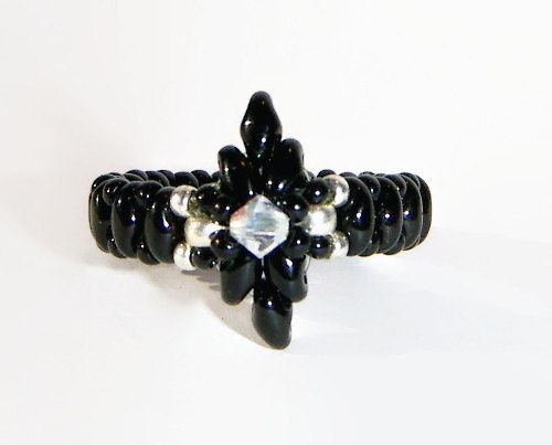 Beaded Ring Black Ring Black Bead Ring Unique Black silver