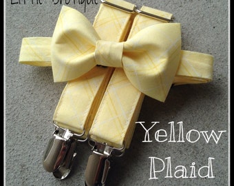 Plaid yellow bow tie and suspender set for men, boys, toddlers, and babies. Sent 3-5 business days after you order
