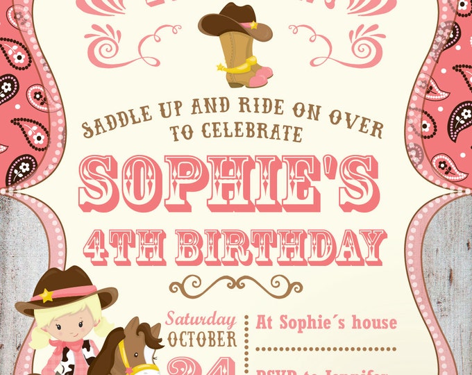 Cowgirl Invitation. Cowgirl Birthday Party. Cowgirl Printable invitation. Western invitation.