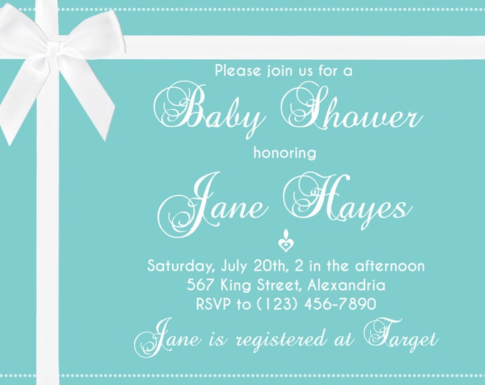 Babyshower invitation. Printable Party invitation. White bow invite. Turquoise invite. Teal Birthday invite.