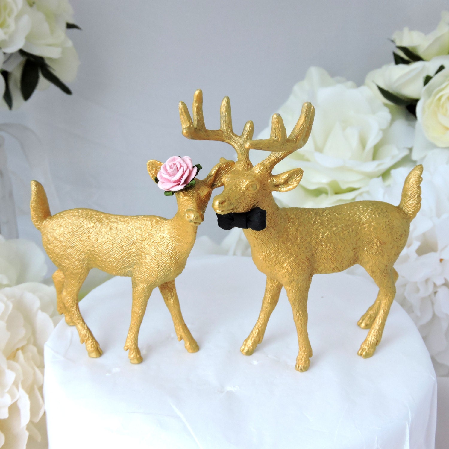 Gold Deer Wedding Cake Topper Buck and Doe Deer by AnimalToppers