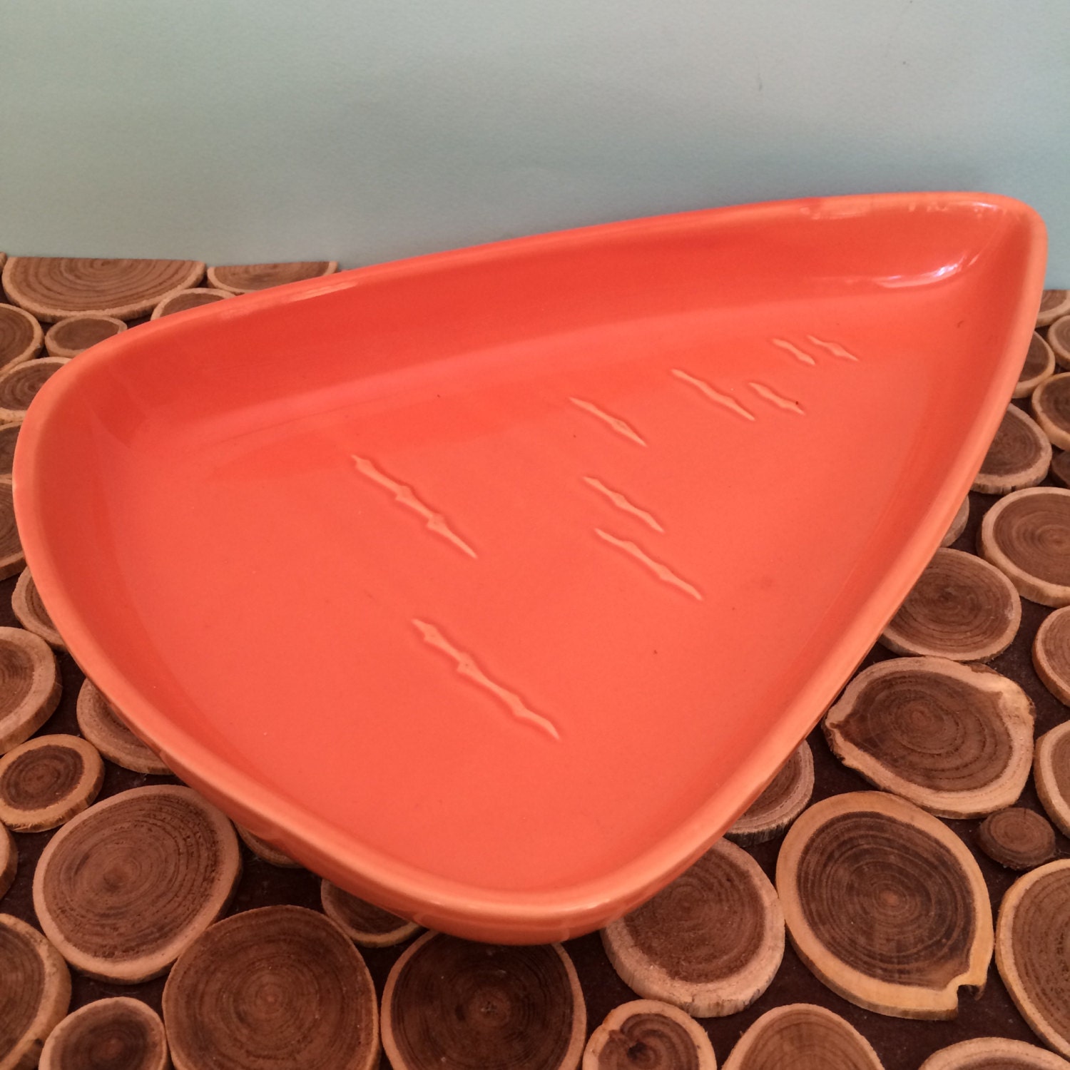 Coral or Orange Triangular Serving Dish Atomic Midcentury Modern