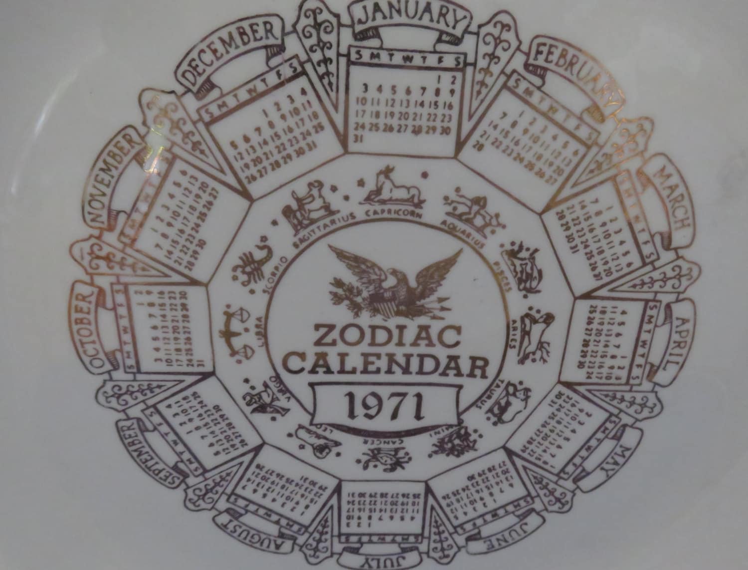 Vintage Zodiac Calendar Plate 1971 antique gold inner design