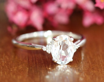 Gold Solitaire White Sapphire Engagement Ring 3 Stone Gemstone Wedding Band 10k White Gold Anniversary Ring, Size 7 (Resizable)