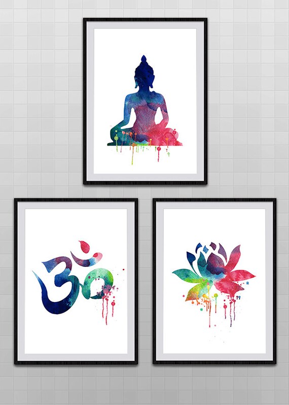 Set of 3 Yoga Meditation Zen Watercolor Art Print Om Symbol