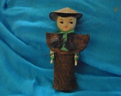 ORIENTAL Peasant DOLL with Traditional Hat and Coconut Fiber Dress 6 1/2" Vintage