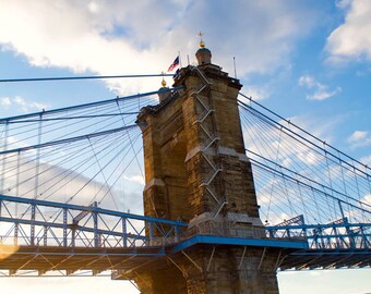 Suspension bridge photograph, urban sunset, warm and cold art, orange and blue art, urban winter, Roebling Bridge art print, urban sunset,