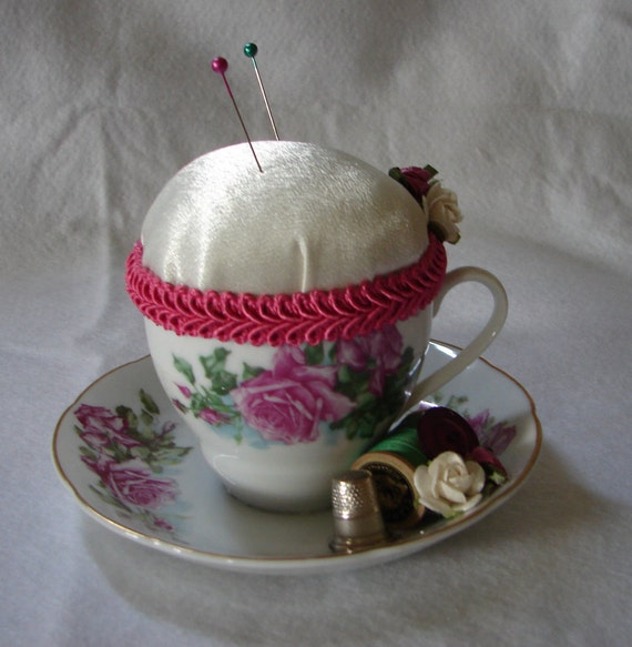 Teacup Pincushion,Repurposed Teacup Pincushion,Teacup With Roses,Christmas Gift For Sewer,Sewing Room Decor