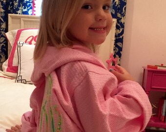 Girls inspired Lilly Pulitzer fabric Waffle Weave Applique Double Monogrammed Spa Robe