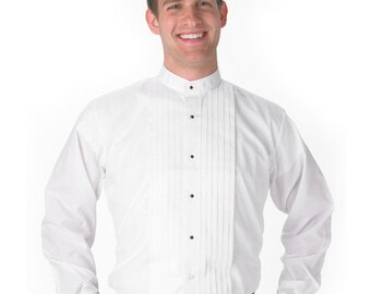Mens Banded-Collar White Tuxedo Shirt