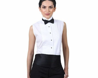 Women White Sleeveless Tuxedo Shirt