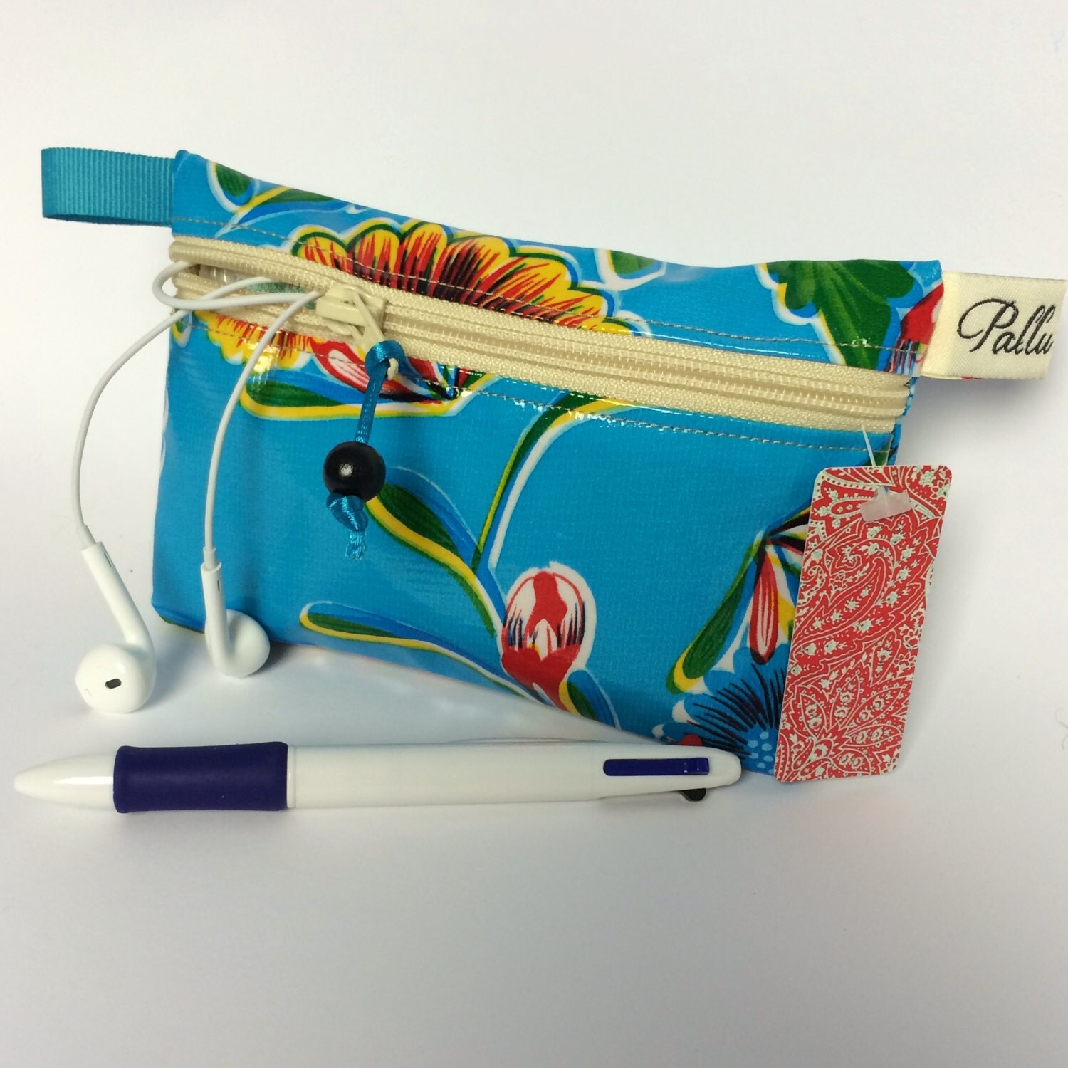 ON SALE Small White or Aqua Floral Oilcloth Zip Pouch. Gadget pouch