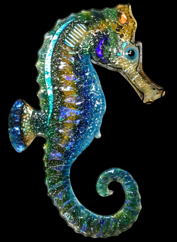 SEAHORSE Dichroic Sea Horse Fused Glass Art by TightLineGlass