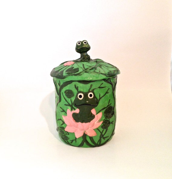 Vintage Frog Cookie Jar Ceramic Green Collectible by SunflowerBend