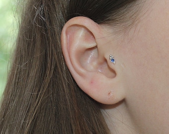 2mm Sapphire Tragus Earring Stud, Silver Nose screw, Cartilage hoop, Forward helix earring, Tragus stud, Nose ring, Tragus piercing 16g