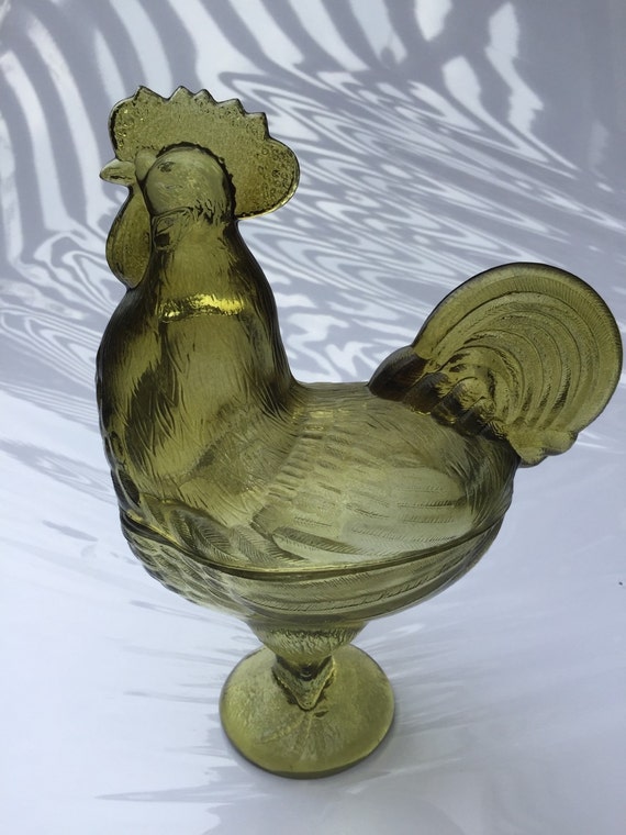 Vintage Glass Rooster Chicken Candy Dish Mid Century Green