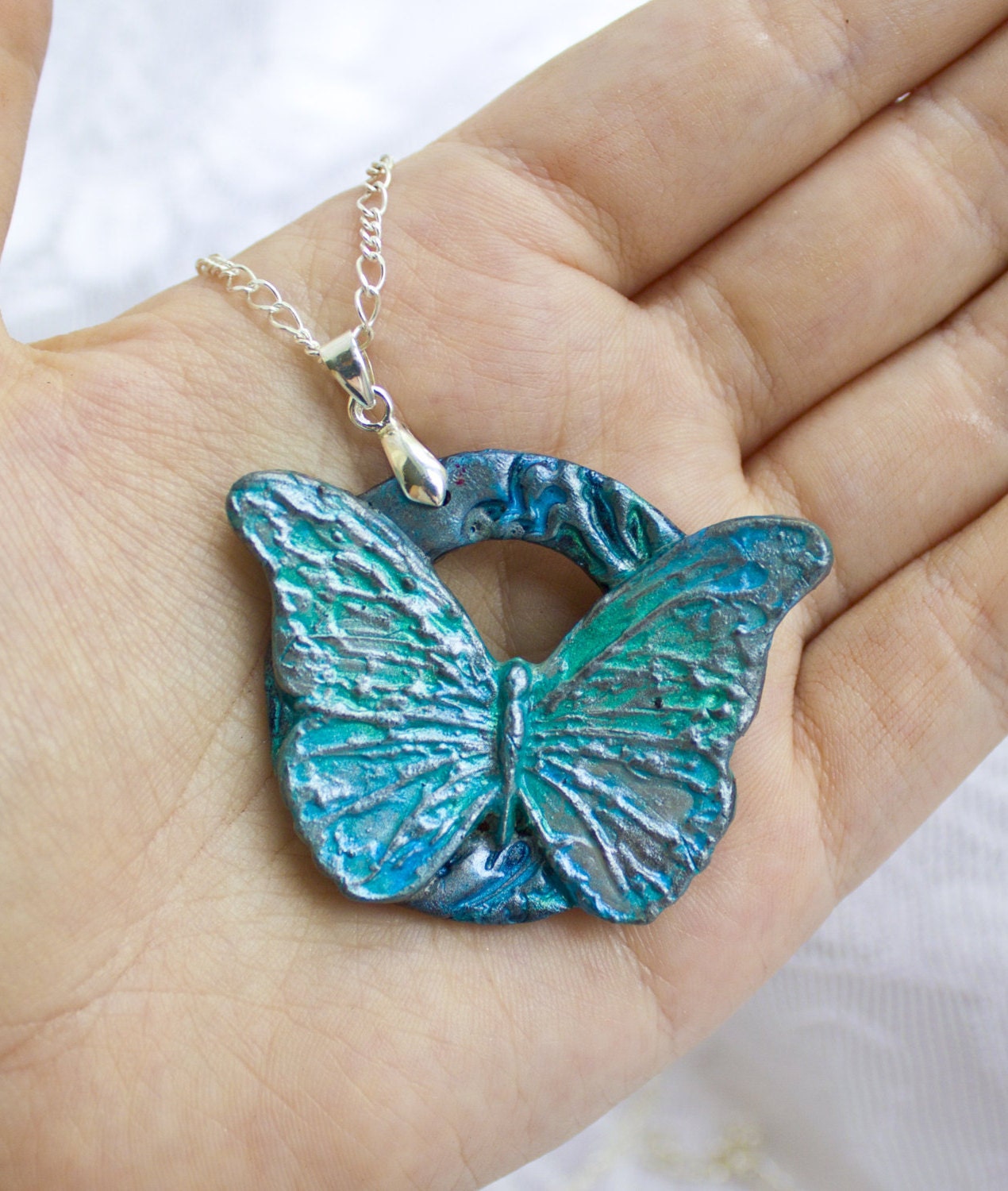 Turquoise Butterfly Necklace round pendant blue butterfly gift