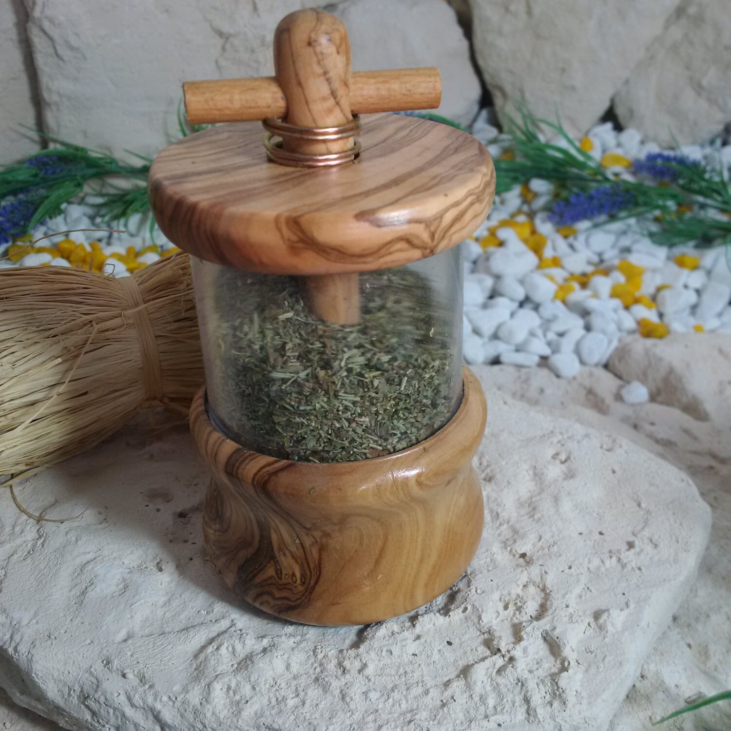 Grinder made of olive wood with herbs of Provence wooden solid