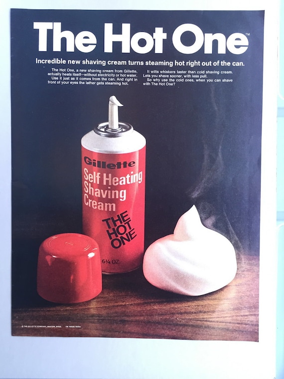 1968 Gillette Self Heating Shaving Cream Print Ad The