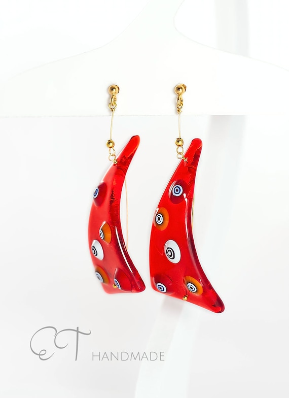 Red Murano glass and Sterling Silver geometrical Earrings-full sails unique glass earrings-dangle earrings-italian artisan designer earrings