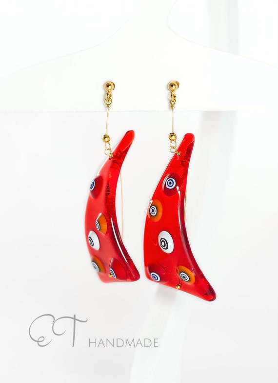 Red Murano glass and Sterling Silver geometrical Earrings-full sails unique glass earrings-dangle earrings-italian artisan designer earrings