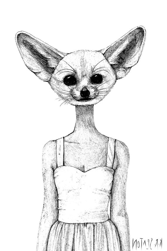 Half Fennec Fox Half Lady Wall Art Print Black and White