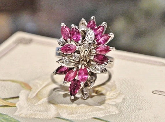 Rhodolite Garnet Diamond Ring Sterling Silver 2 CTS Ring 1960s Cocktail Cluster Waterfall Ribbon Marquise Statement Facet Gemstone Size 6