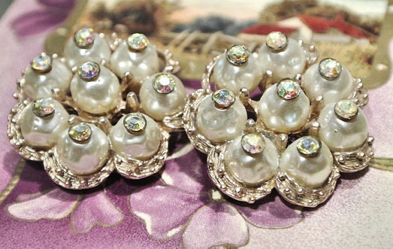Vintage Earrings Clip On Faux Baroque Pearl AB Aurora Borealis Rhinestone Mid Century 1950s 1960s Haskell Style Wedding Bride Hollywood Glam