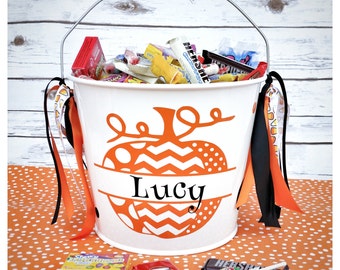Personalized Halloween Bucket - Trick or Treat Bucket or bag - Candy Bucket - 5 Qt Metal bucket - Pumpkin Bucket - Kids Halloween Bucket