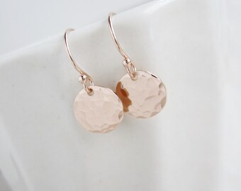 Tiny Dot Rose gold earrings, pink gold earrings, hammered rose gold discs, dainty earrings, everyday earrings, simple small dangle earrings