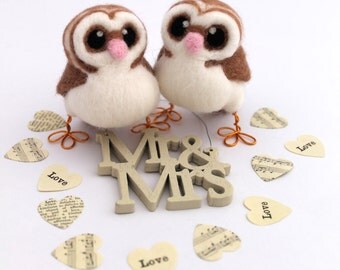 Mini Owl Wedding Cake Topper Barn Owl Pair in soft Browns With Heart shaped Face Felt Birds