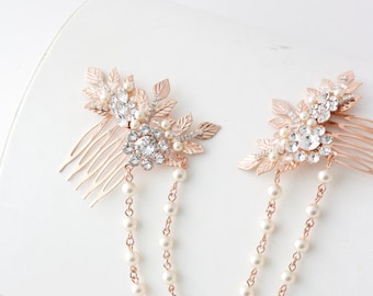 Rose Gold Hair Chain Wedding Headpiece Pearl Draped Bridal Hair Comb Set Leaf Head Piece Leaf Hair Vine Bridal Hair Accessory ANWEN