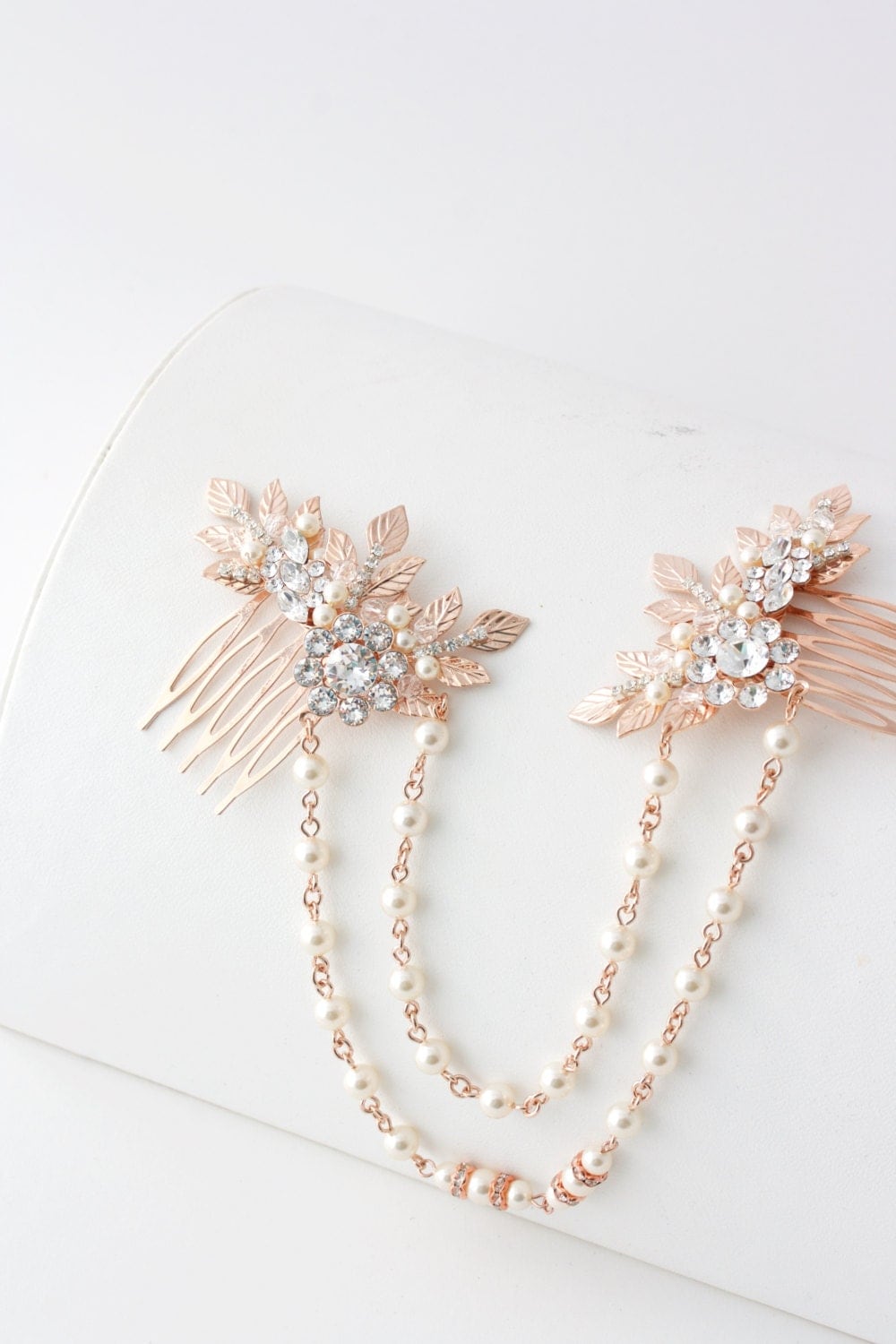 Rose Gold Hair Chain Wedding Headpiece Pearl Draped Bridal