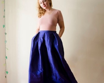 Blue Maxi Skirt, Silk Taffeta Long Evening Skirt Pleats Pockets, Prom Skirt, Bridesmaids Skirt, Customize color and length, Plus sizes