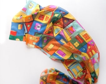 Crazy Town silk scarf/ Hand painted scarves/ Hundertwasser scarf/ Architecture Lovers gifts/ Bright summer scarf/ Holiday gifts for her KA17