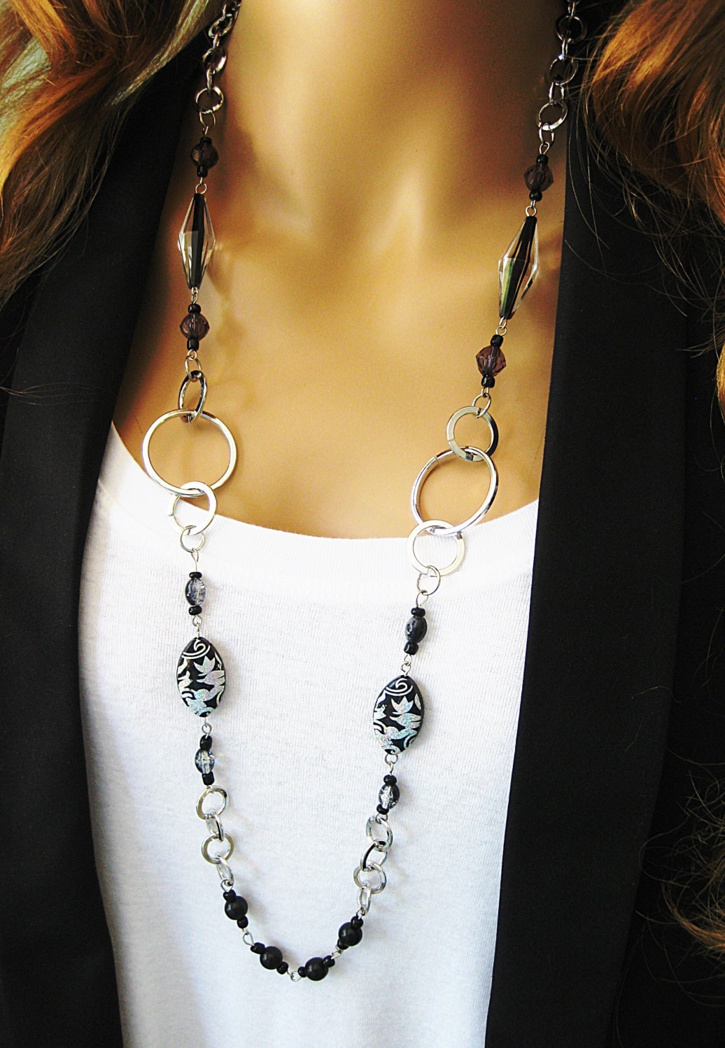 Black Beaded Necklace Chunky Silver Chain Long Beaded