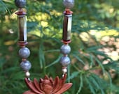 Carved Lotus Necklace Indonesian Rosewood Flower with Labradorite Mother of Pearl and Sunstone Bali Eternity Lotus Ethnic Jewelr