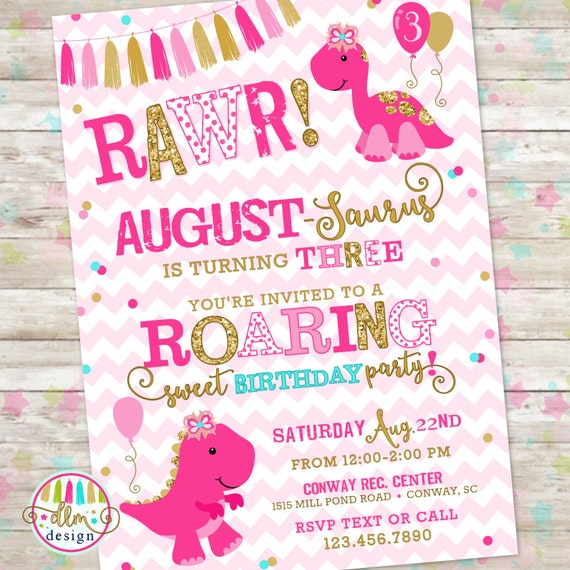 Girly Dinosaur Invite, Girl Dinosaur Birthday, Pink and Gold, pink gold dino invite, Pink Dinosaur, DIY Printable or Printed Invites Il_570xn