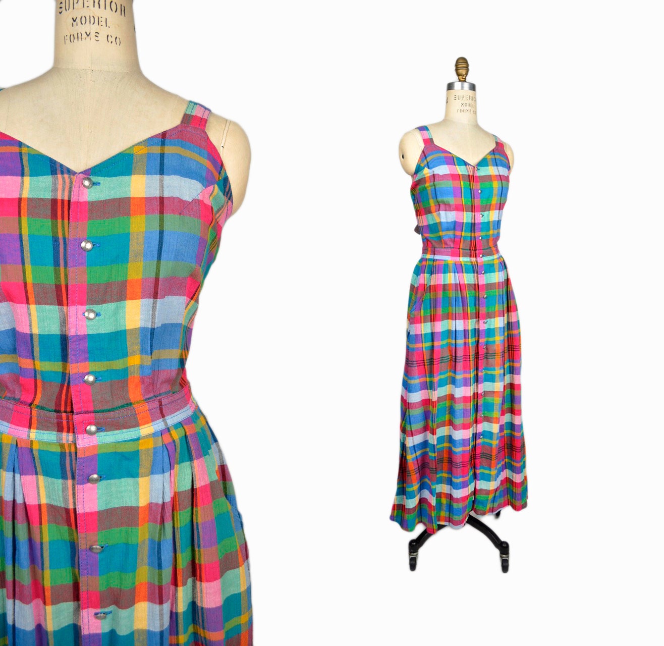 Vintage 90s Madras Plaid Maxi Dress / Summer Dress