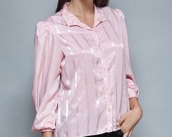 SALE vintage 70s pink blouse slinky jacquard satin long puff sleeves M MEDIUM