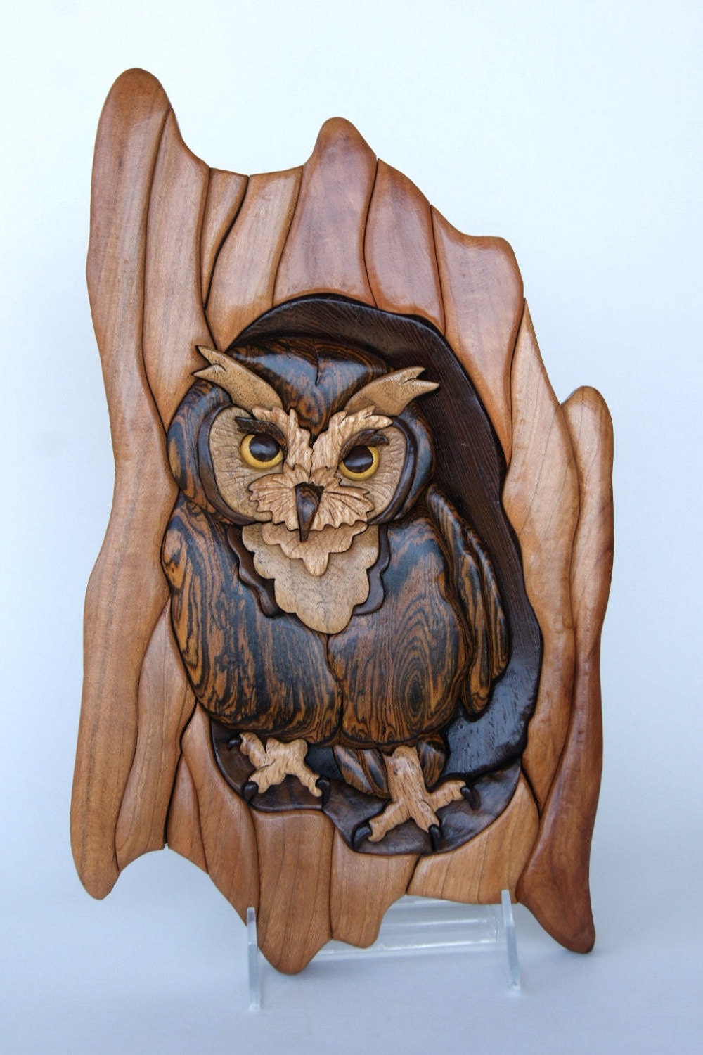 Screech Owl Intarsia Wall Hanging Wood Carving Wooden Bird