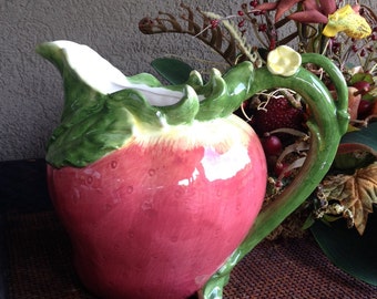 Vintage Strawberry Pitcher Figural Ceramic Hand Painted WCL Red Green Yellow ~