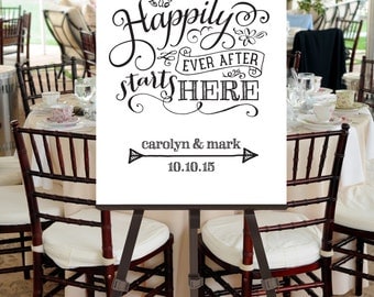 Wedding Welcome Sign Happily Ever After Illustration -- Custom Printable File -- Calligraphy Script, Black and White