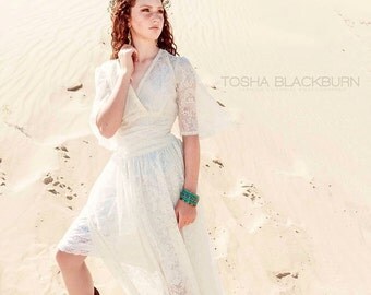 Bohemian Lace Wedding Dress | Bohemian Wedding Gown | Boho Chic Wedding | Lace Wedding Dress | V Neck Ruched Waist Butterfly Sleeve Dress