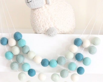 Mint Felt Ball Garland- Boy Nursery Decor- Garland-Pom Pom Bunting- Blue/green Baby Shower Decor- Pastel Mint Teal Decor-Ombre Mint Nursery
