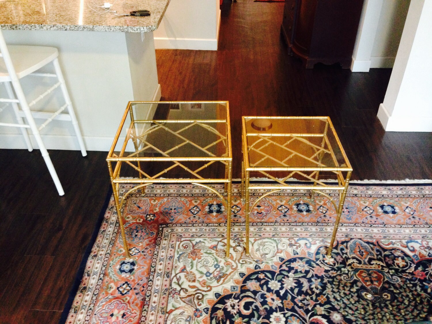 Set of Two Gold Bamboo End Tables Chinoiserie Hollywood Regency Haute